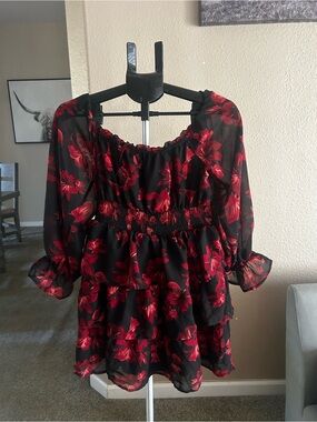 Black Floral Tiered Smocked Waist Mini Dress with Red Blooms